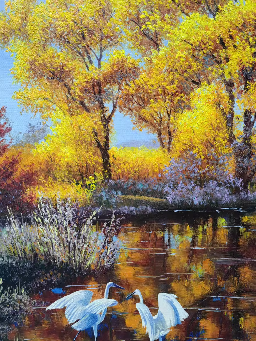Original Oil Painting – Autumn Lake with Egrets | Hand‑Painted Realist Landscape Art by Pak Kim Chol 8592