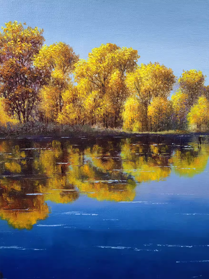 Original Oil Painting – Autumn Lake with Egrets | Hand‑Painted Realist Landscape Art by Pak Kim Chol 8592