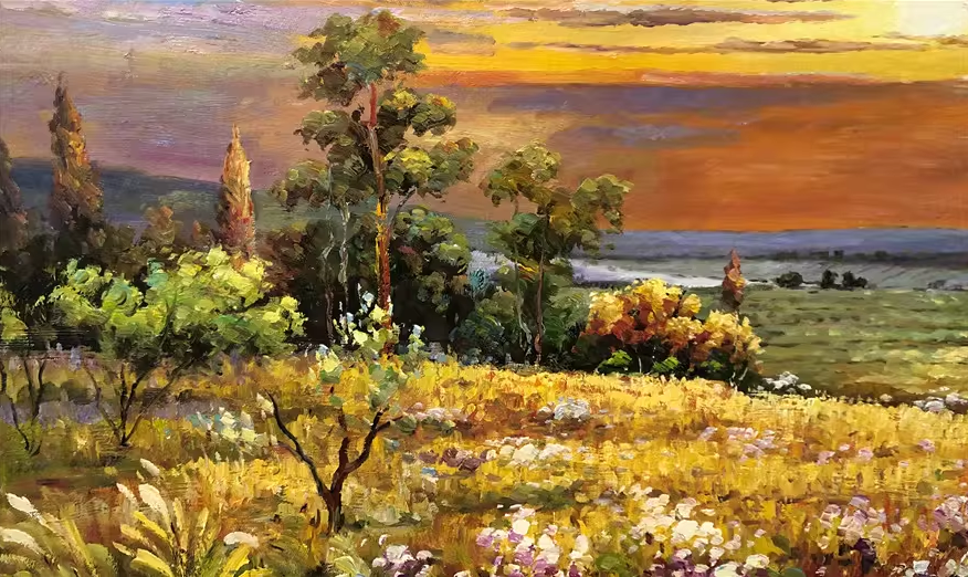 Original Oil Painting – Sunset Prairie | Hand‑Painted Impressionist Landscape Art by Tian Jun G2252