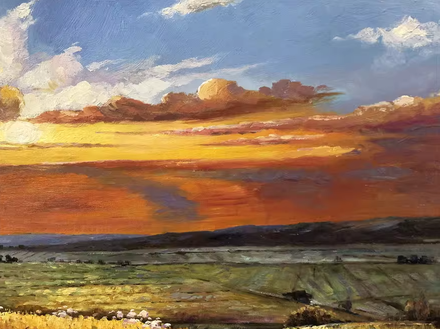 Original Oil Painting – Sunset Prairie | Hand‑Painted Impressionist Landscape Art by Tian Jun G2252