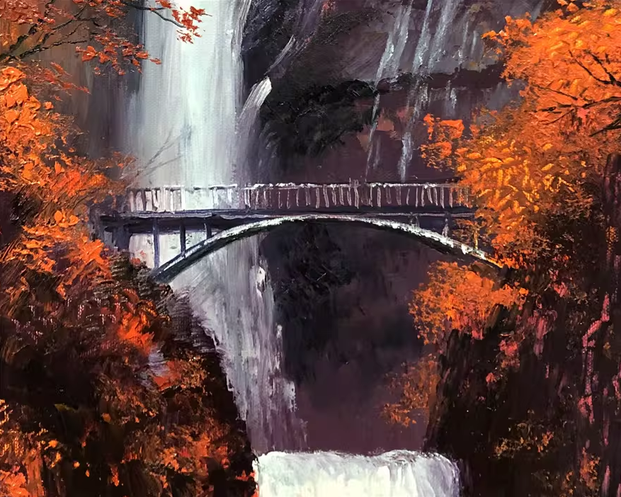 Original Oil Painting – Maple Valley Waterfall | Hand‑Painted Impressionist Autumn Landscape Art by Li Jixie 10187