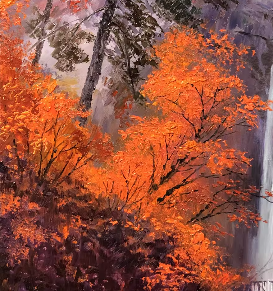 Original Oil Painting – Maple Valley Waterfall | Hand‑Painted Impressionist Autumn Landscape Art by Li Jixie 10187
