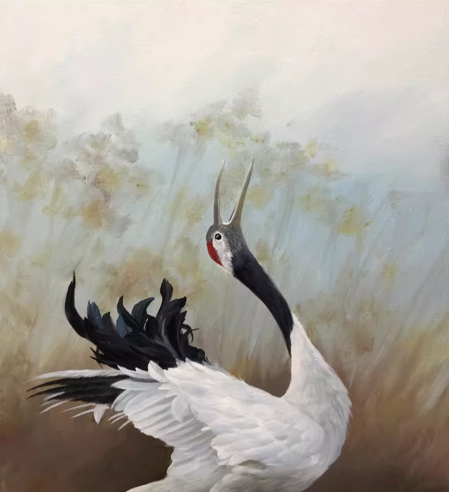 Original Oil Painting "Dancing Red-Crowned Crane" by First-Class Painter Kim Kyung Mi – Collectible Hand-Painted Wildlife Art G2086