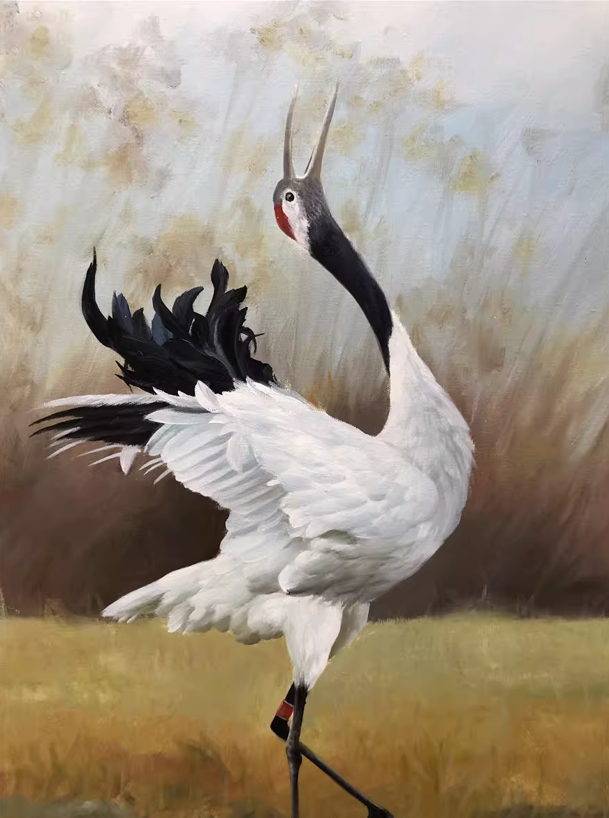 Original Oil Painting "Dancing Red-Crowned Crane" by First-Class Painter Kim Kyung Mi – Collectible Hand-Painted Wildlife Art G2086