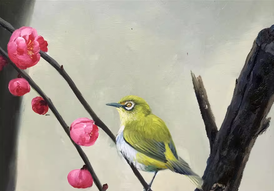 Original Oil Painting – Japanese White-Eye on Plum Blossom | Hand-Painted Hyper-Realist Bird Art by Kim Kyung Mi G2065