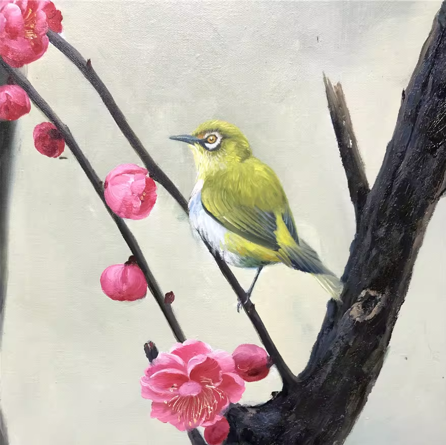 Original Oil Painting – Japanese White-Eye on Plum Blossom | Hand-Painted Hyper-Realist Bird Art by Kim Kyung Mi G2065