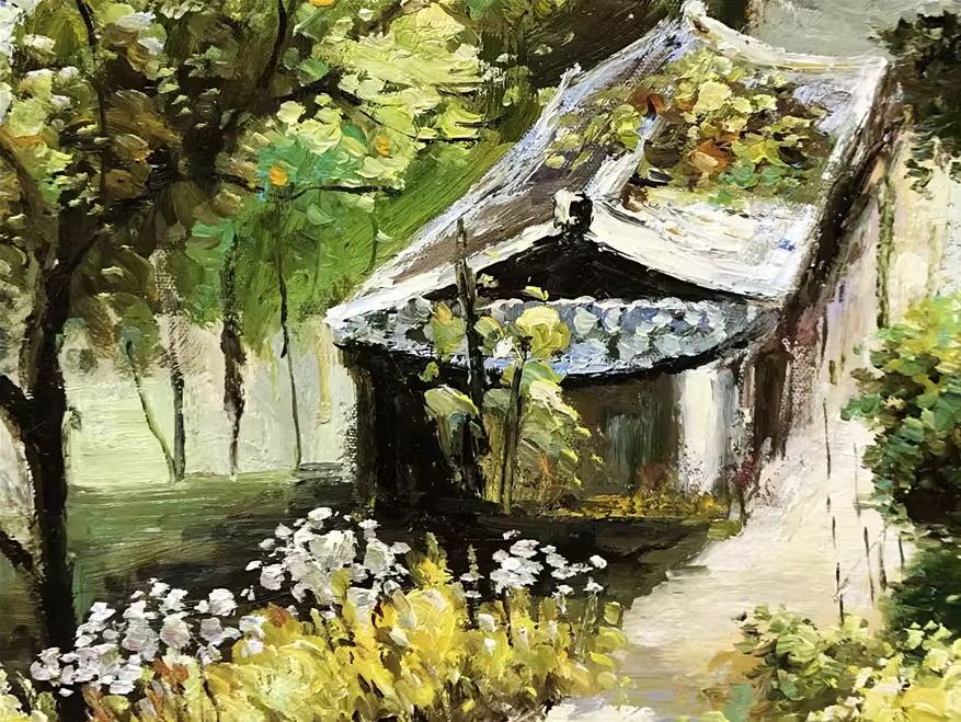 Original Oil Painting – Thatched Cottage Village by the River | Hand-Painted Impressionist Rural Landscape Art by Tian Jun G2237