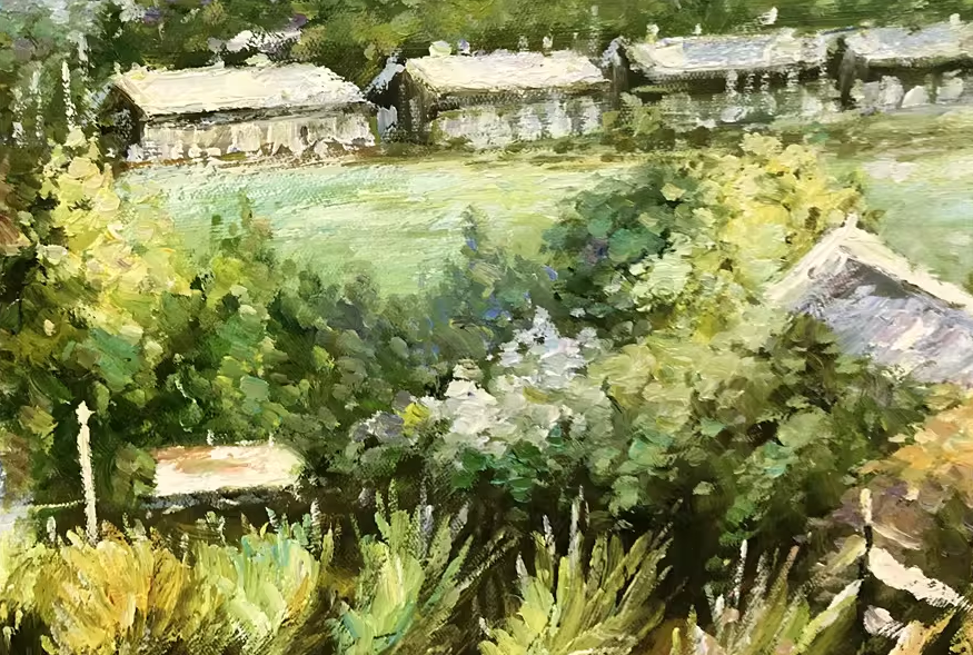 Original Oil Painting – Thatched Cottage Village by the River | Hand-Painted Impressionist Rural Landscape Art by Tian Jun G2237