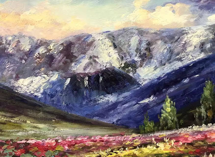 Original Oil Painting – Alpine Flower Sea at Sunset | Hand-Painted Impressionist Landscape Art by Tian Jun G2234
