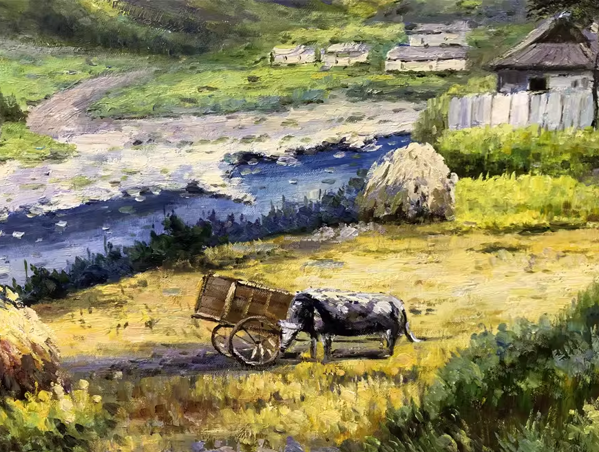 Original Oil Painting – Mountain Village by the River | Hand-Painted Impressionist Rural Landscape Art by Tian Jun G2249