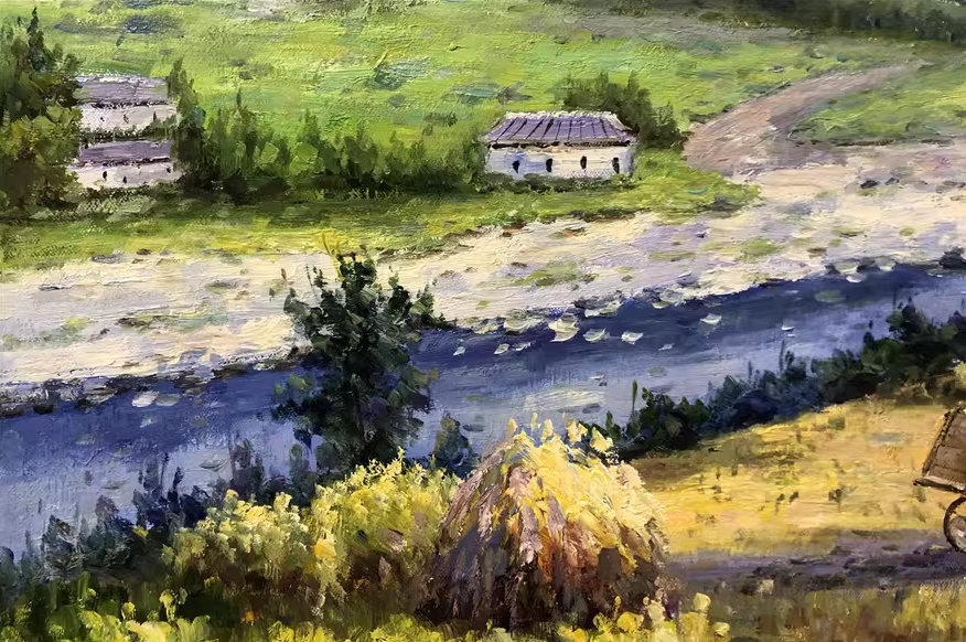 Original Oil Painting – Mountain Village by the River | Hand-Painted Impressionist Rural Landscape Art by Tian Jun G2249