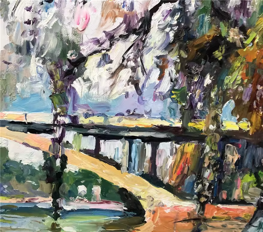 Original Oil Painting – Jacaranda Bridge at Dusk | Hand-Painted Impressionist Urban Landscape Art by Myeong Il G2262