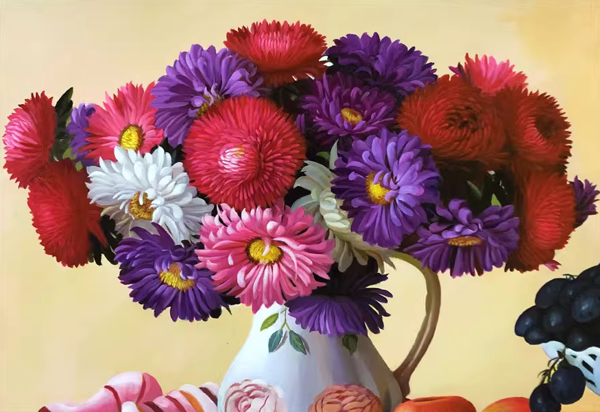 Original Oil Painting – Aster Fruit Still Life | Hand-Painted Realist Floral Art by Kim Sun Hwa 10116