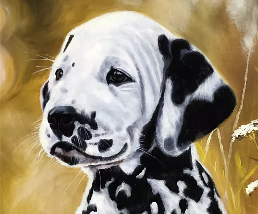 Original Oil Painting – Dalmatian Puppy in Meadow | Hand-Painted Hyper-Realist Dog Art by Kim Jong Su G2156