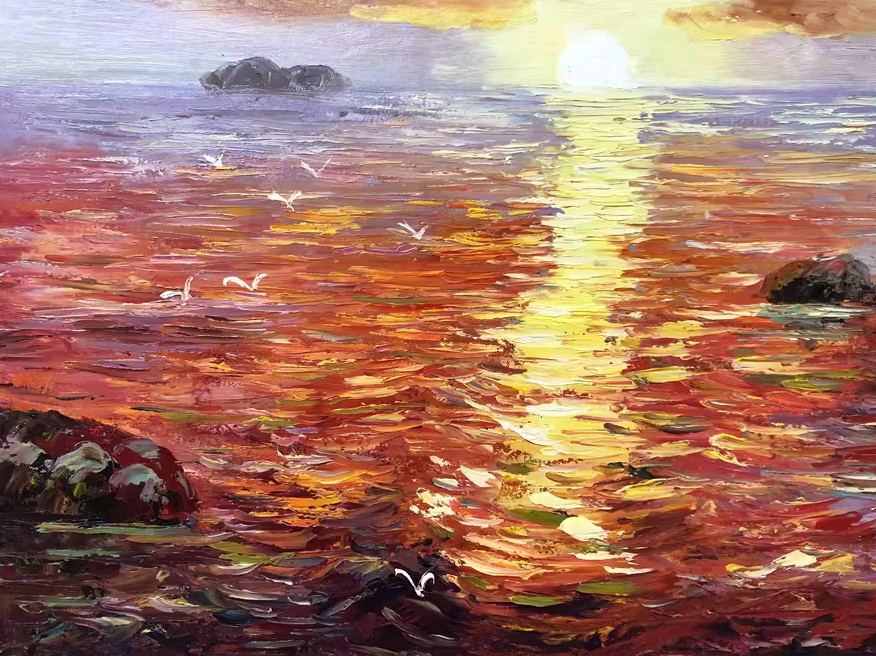 Original Oil Painting – Sunrise Over the Sea | Hand-Painted Coastal Landscape Art by Tian Jun G2239