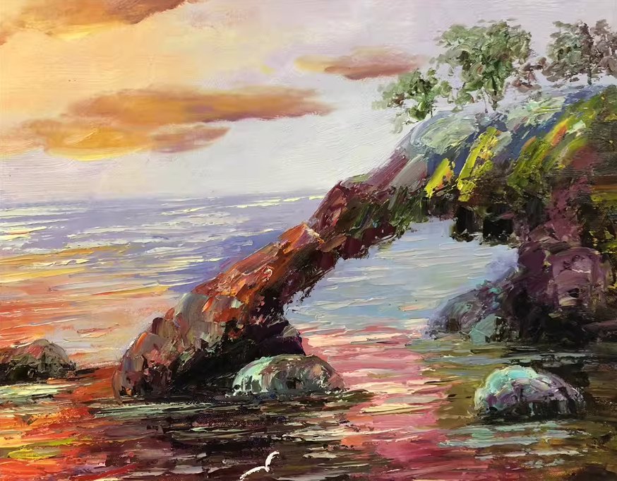 Original Oil Painting – Sunrise Over the Sea | Hand-Painted Coastal Landscape Art by Tian Jun G2239
