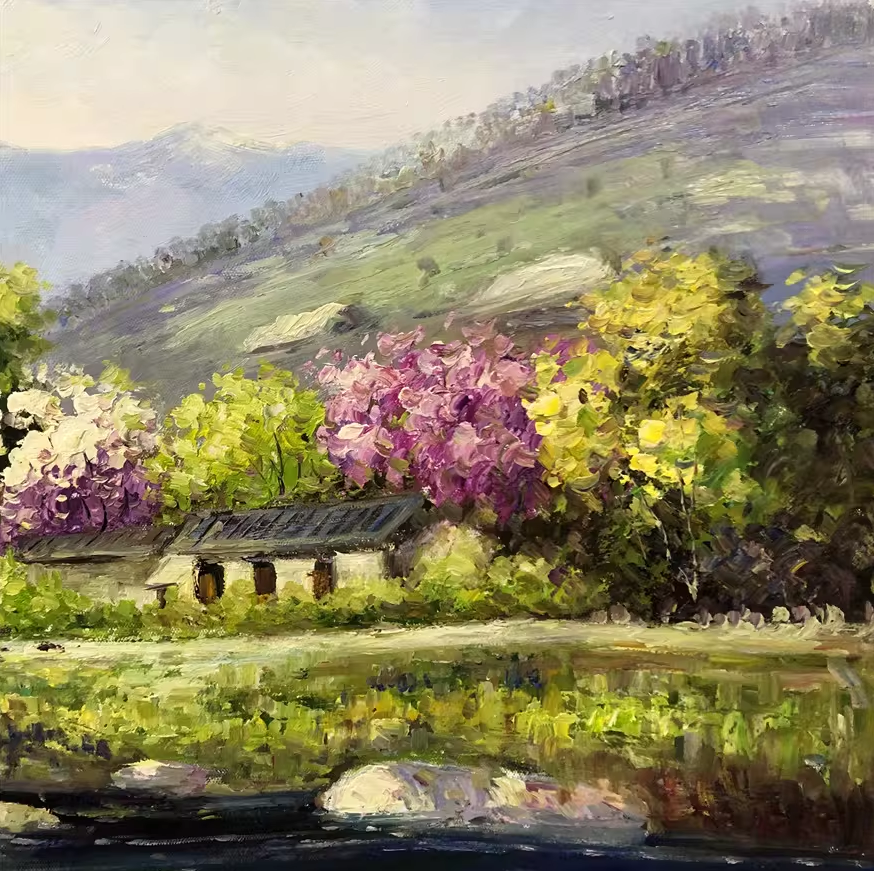 Original Oil Painting – Riverside Cottage in Spring | Hand-Painted Landscape Art by Tian Jun G2246