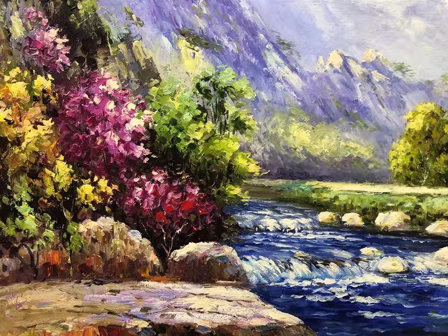 Original Oil Painting – Riverside Cottage in Spring | Hand-Painted Landscape Art by Tian Jun G2246