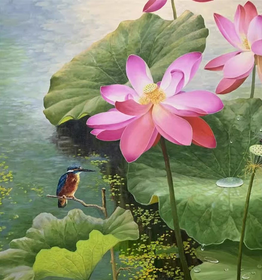 Original Oil Painting "Lotus Pond with Kingfisher" by First-Class Painter – Collectible Hand-Painted Floral & Wildlife Art 17673