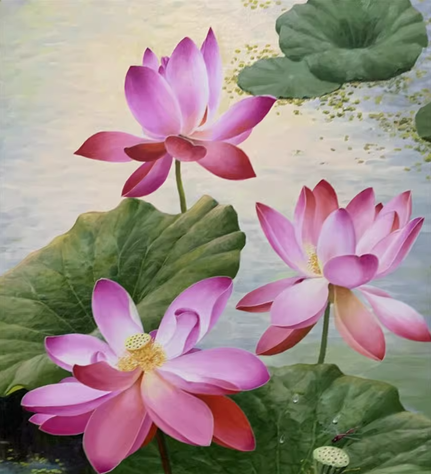 Original Oil Painting "Lotus Pond with Kingfisher" by First-Class Painter – Collectible Hand-Painted Floral & Wildlife Art 17673