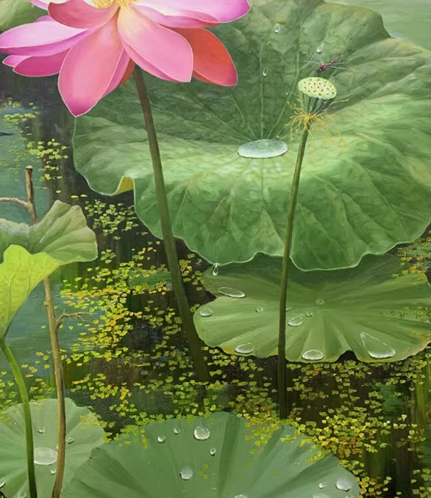 Original Oil Painting "Lotus Pond with Kingfisher" by First-Class Painter – Collectible Hand-Painted Floral & Wildlife Art 17673