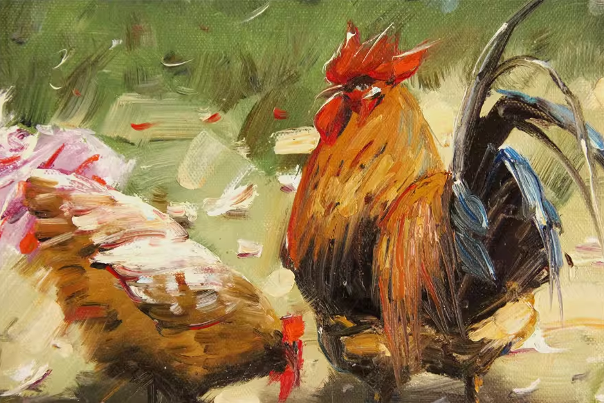 Original Oil Painting "Spring Roses with Rooster" by First-Class Painter Hwang Chul Min – Collectible Hand-Painted Impressionist Still Life Art 4482