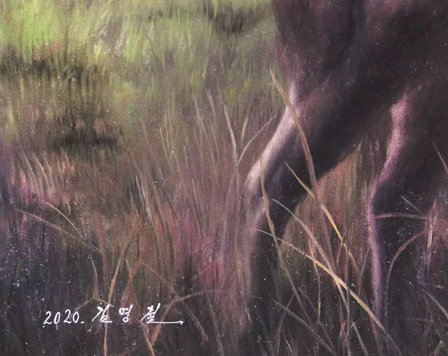 Original Oil Painting "Reindeer by the Lake" by Meritorious Artist Kim Young Chul – Collectible Hand-Painted Realist Wildlife Art 763