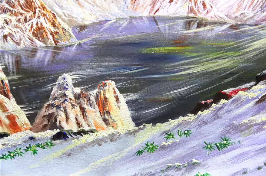 Original Oil Painting "Heaven Lake at Sunrise" by First-Class Painter Ju Seong Il – Collectible Hand-Painted Impressionist Mountain Landscape Art 5790