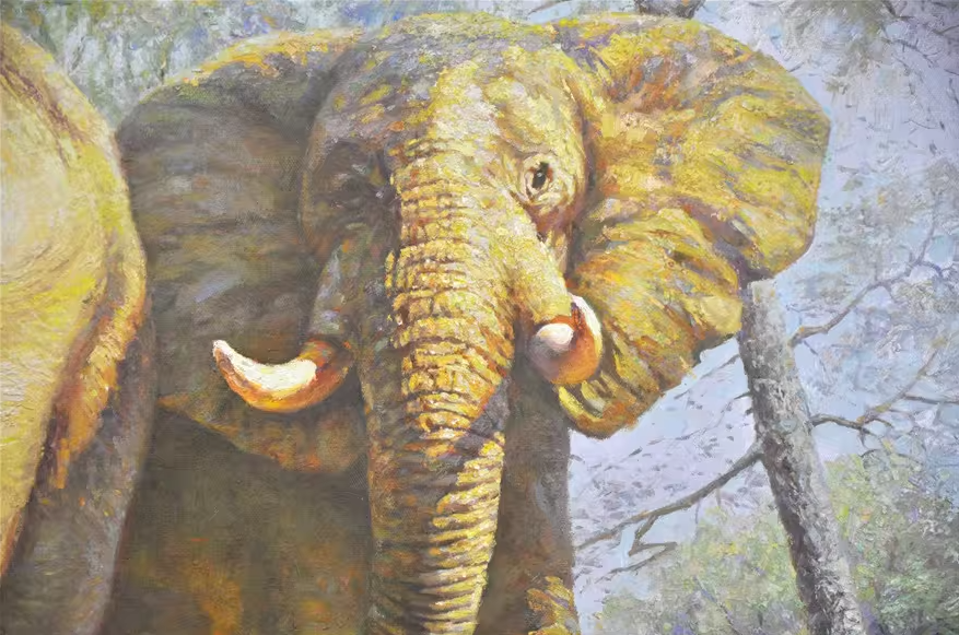 Original Oil Painting "Majestic Elephants in the Wetland" by Meritorious Artist Hong Yun Seok – Collectible Hand-Painted Realist Wildlife Art y031