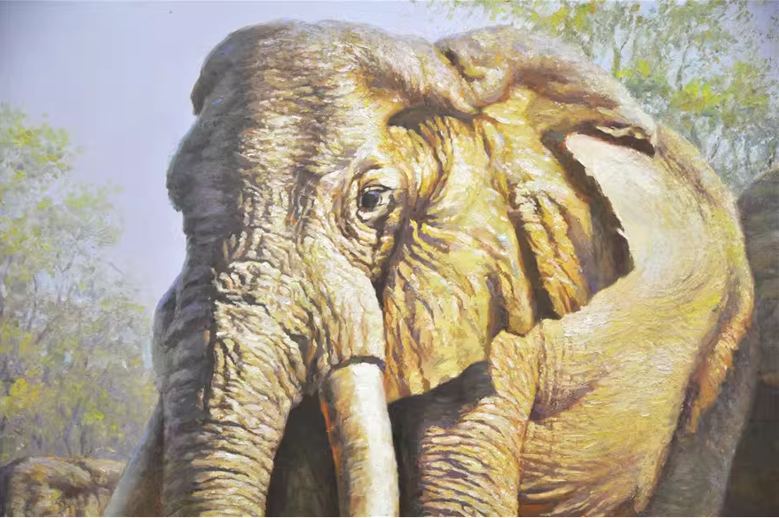 Original Oil Painting "Majestic Elephants in the Wetland" by Meritorious Artist Hong Yun Seok – Collectible Hand-Painted Realist Wildlife Art y031