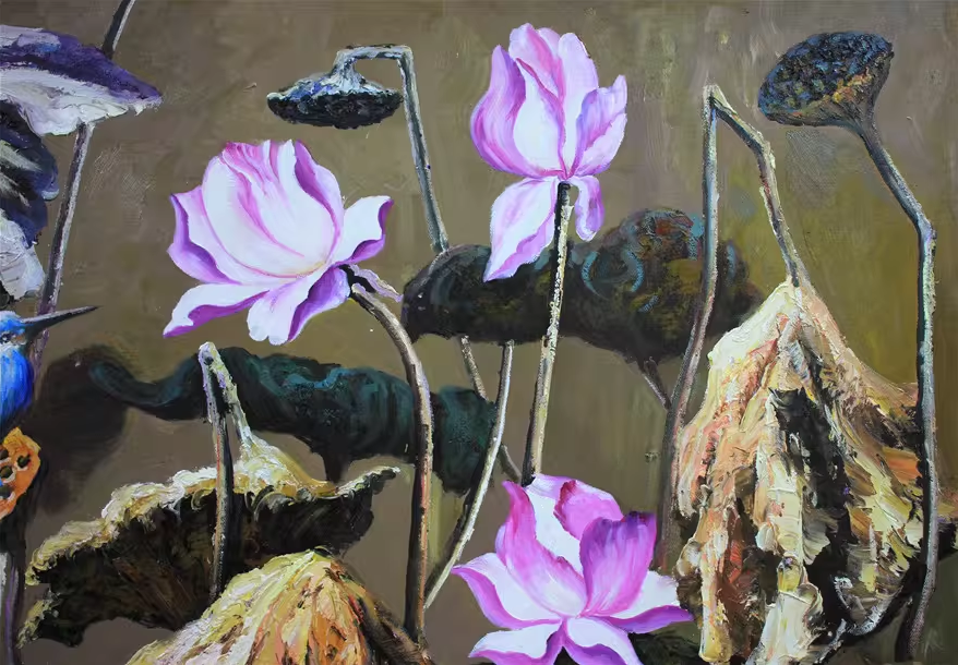 "Spirit of the Lotus Pond" – Original Expressionist Oil Painting by Master Artist Wen He