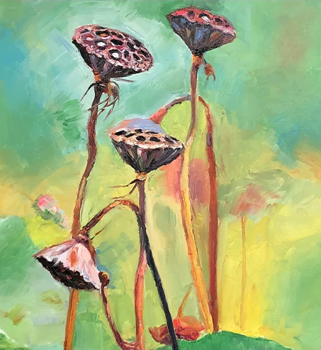 "Zen Seed Pods" – Original Impressionist Lotus Oil Painting by Master Artist Lim Shengxi 15096