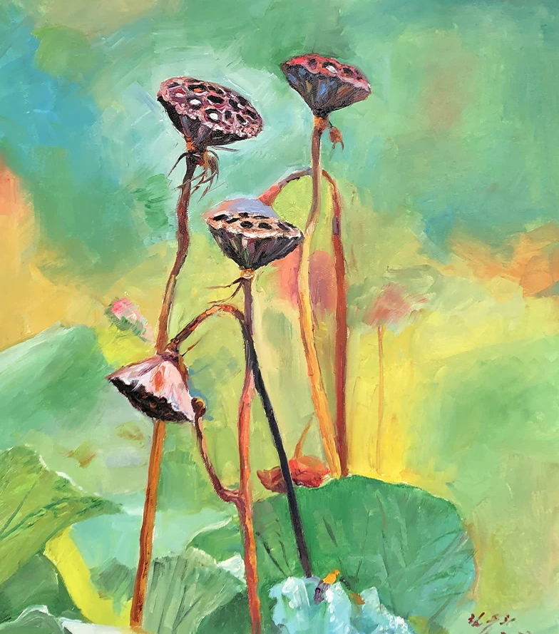 "Zen Seed Pods" – Original Impressionist Lotus Oil Painting by Master Artist Lim Shengxi 15096