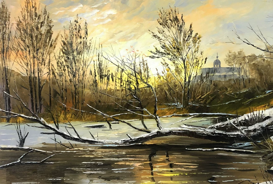 "Winter's Golden Hour" – Original Impressionist Landscape Oil Painting by Master Artist 12103