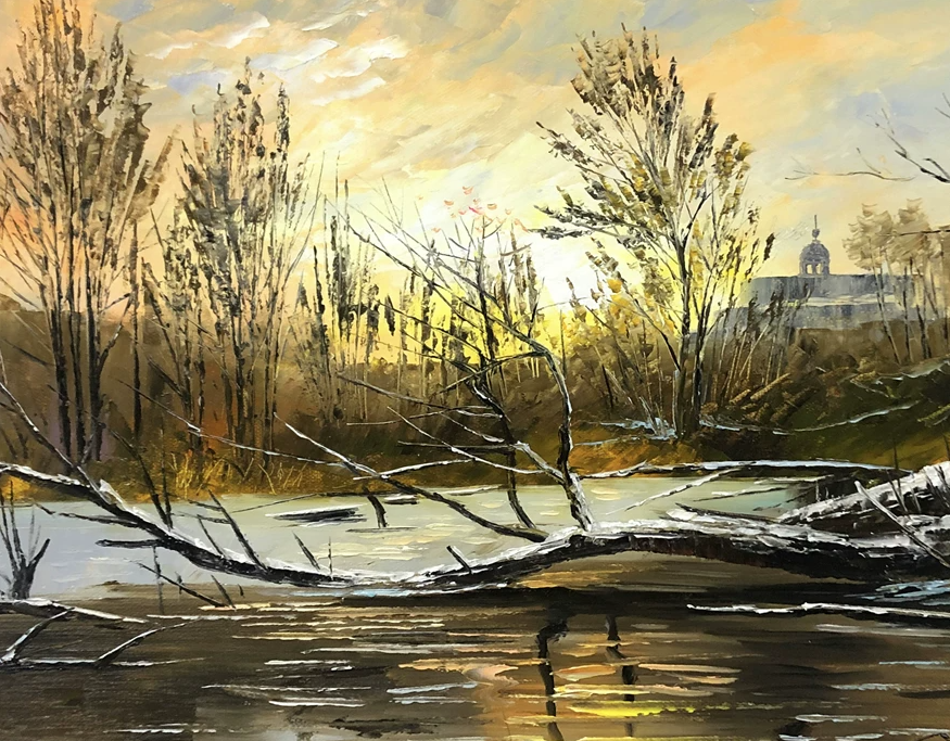 "Winter's Golden Hour" – Original Impressionist Landscape Oil Painting by Master Artist 12103