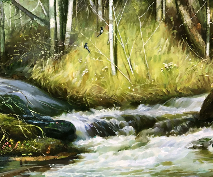 "Vibrant Mountain Stream" – Original Realistic Forest Landscape by Merited Artist Ro Chol Jun 9218