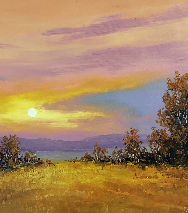 "Golden Horizon" – Original Sunset Landscape Oil Painting by Merited Artist Kim Young Chol 14912