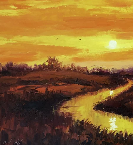 "Crimson Splendor" – Original Expressionist Sunset & River Oil Painting by Merited Artist Kim Young Chol 14913