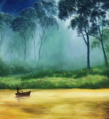 "Serene Woodland Row" – Original Forest Lake Oil Painting by Merited Artist Kim Young Chol 15039