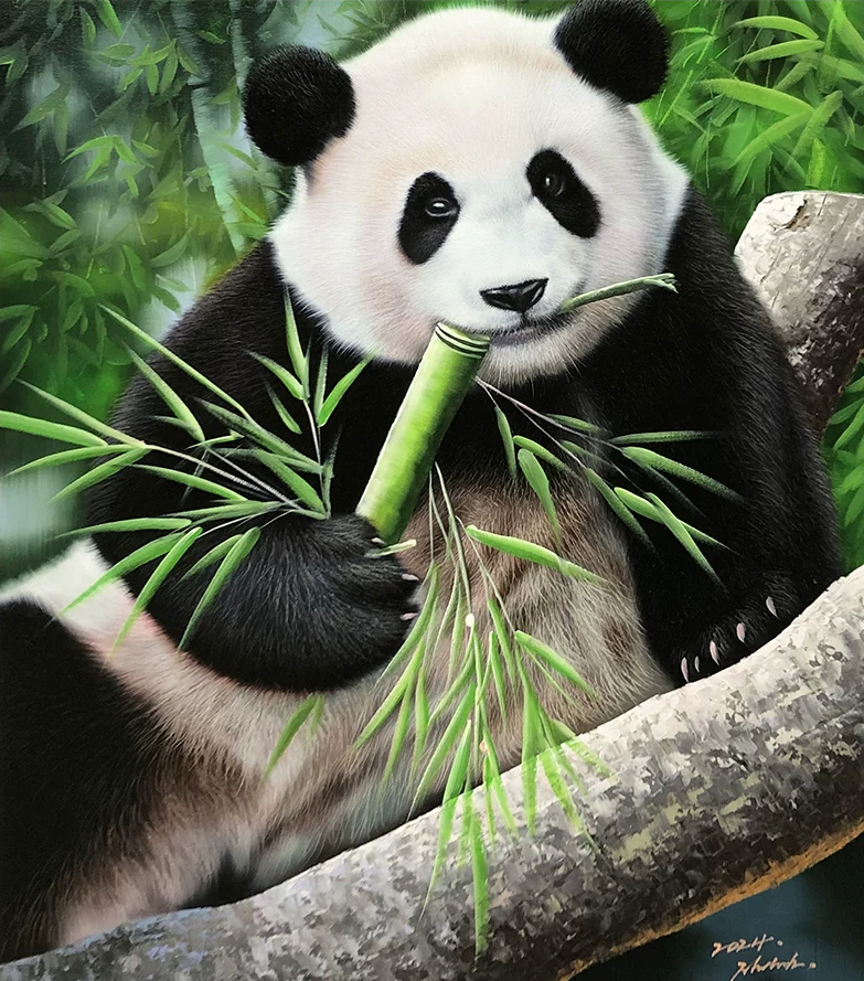 "The Zen of Bamboo" – Original Hyper-Realistic Giant Panda Oil Painting by Master Artist Ji Chol Rim 15336