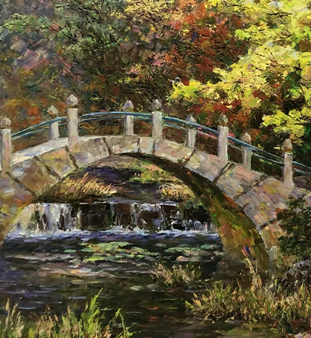 "The Serene Bridge" – Original Realistic Garden Landscape Oil Painting by Master Artist Li Changfan 15555