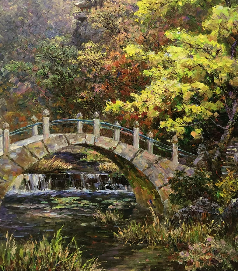 "The Serene Bridge" – Original Realistic Garden Landscape Oil Painting by Master Artist Li Changfan 15555