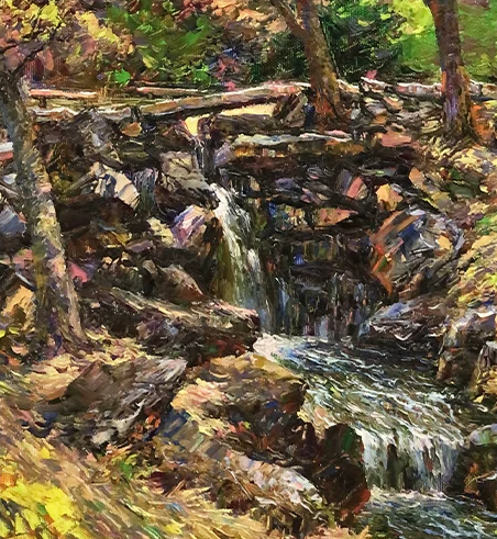 "Autumn Cascade" – Original Realistic Forest Creek Oil Painting by Master Artist Li Changfan 15594