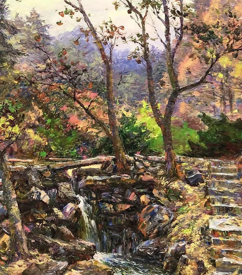 "Autumn Cascade" – Original Realistic Forest Creek Oil Painting by Master Artist Li Changfan 15594