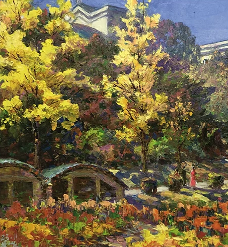 "Golden Park Solitude" – Original Impressionist Landscape Oil Painting by Master Artist Li Changfan 15556