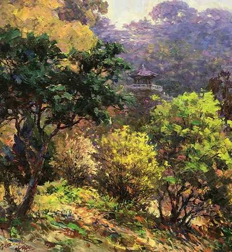 "The Hidden Pavilion" – Original Realistic Forest Landscape Oil Painting by Master Artist Li Changfan 15583