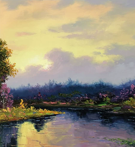 "Shimmering Twilight" – Original Impressionist Water Landscape Oil Painting by Master Kim Chol Jun 15469