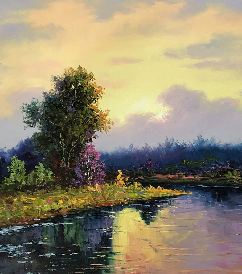 "Shimmering Twilight" – Original Impressionist Water Landscape Oil Painting by Master Kim Chol Jun 15469