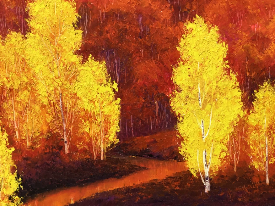 "Golden Forest Symphony" – Original Impressionist Oil Painting by Merited Artist Kim Young Chol 15315