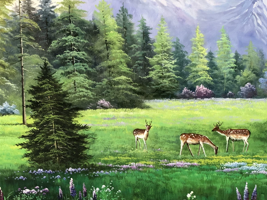 "Deer in the Enchanted Forest" – Original 1.6M Large-Scale Oil Painting by Master Zheng Yu G2505
